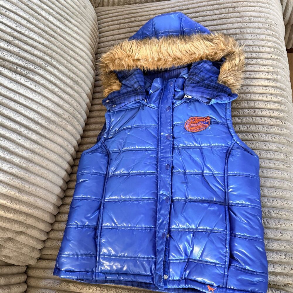 PINK Victoria's Secret Florida Gators Puffer Vest Faux Fur Hood Blue Women's L